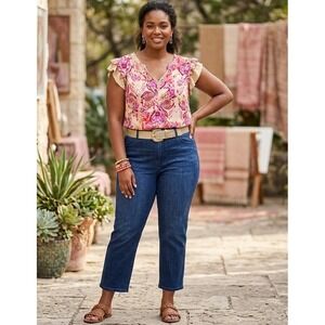 Yesta Abstract Ikat Floral Blouse Womens 16W Pink Tan Ruffle Sleeve Boho Top